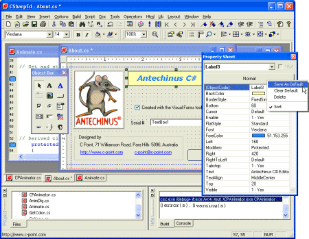 Antechinus C# Programming Editor - Design, compile and run C# applications.