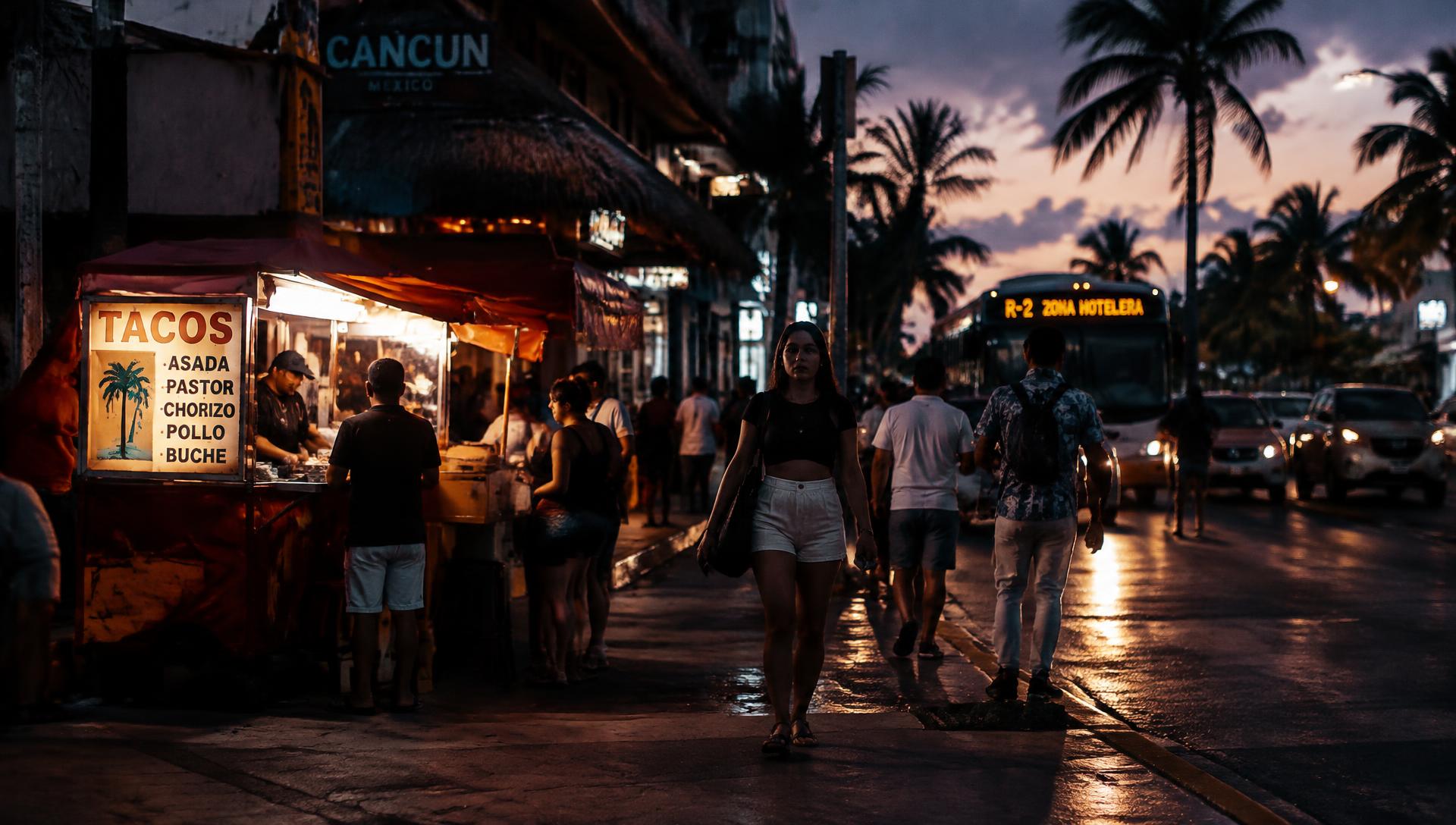 Evening street life in downtown Cancun