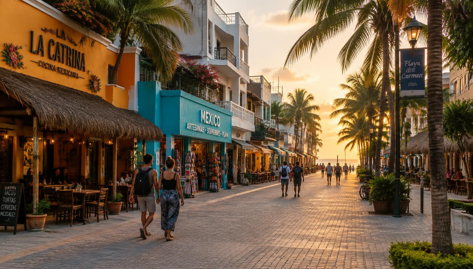 A walkable street in Playa del Carmen beside the Caribbean
